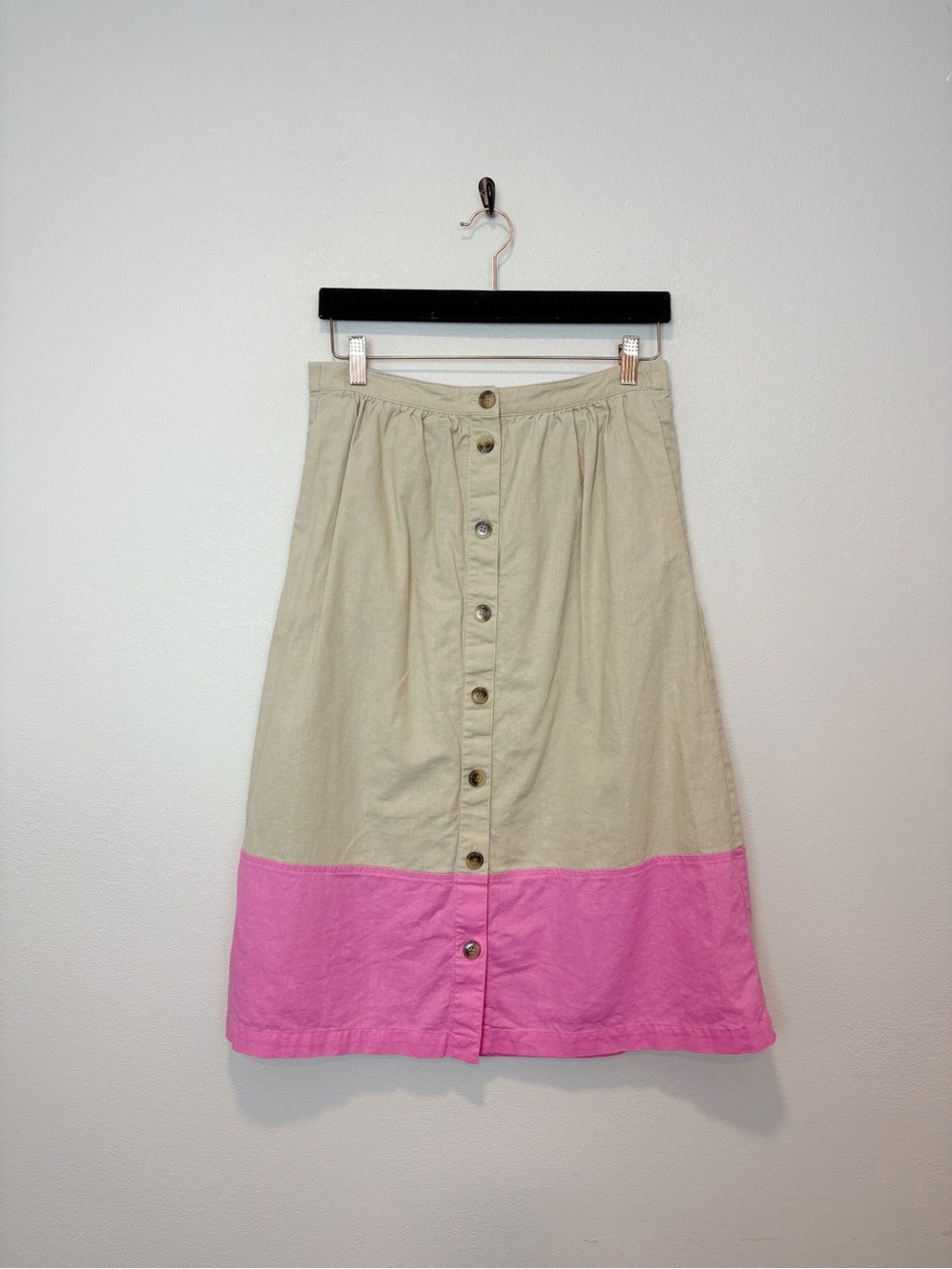 J. Crew Factory Color Block Button-Front Midi Skirt in Beige and Pink Size Small